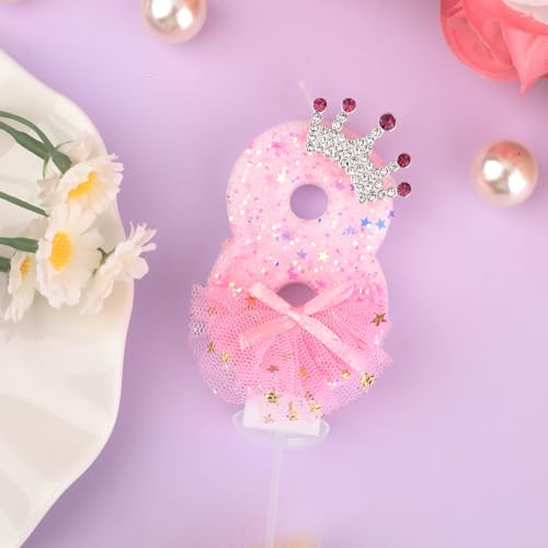 Pink Number 8 Glitter Crown Birthday Candle with Bow