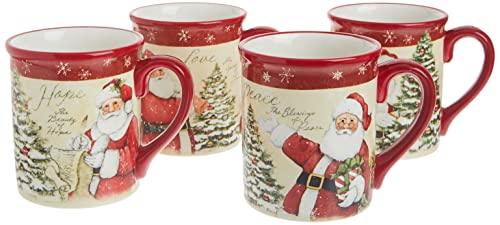 Holiday Wishes Mug Set of 4 - 18 oz Christmas Coffee Cups with Santa & Sentiments