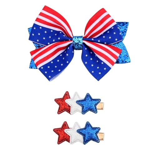 Patriotic 4th of July Bow Hair Clips Set - Red White and Blue American Flag Hairpins (3 Pcs)