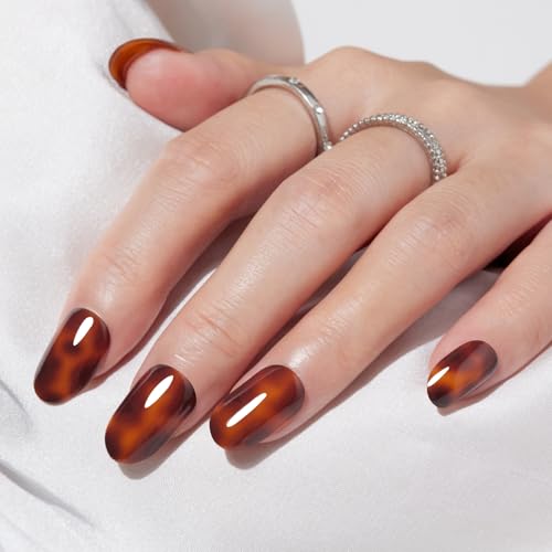Findigit Short Press On Nails - 32 Pcs Natural Soft Gel Fake Nails Kit, Amber