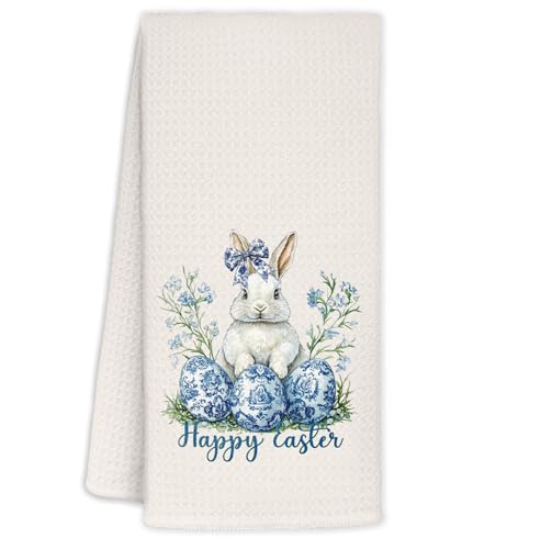 Blue and White Easter Bunny Hand Towel Chinoiserie Kitchen Towel 16x24