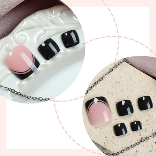 Black French Tip Press on Toenails Short Square False Toe Nails 24Pcs