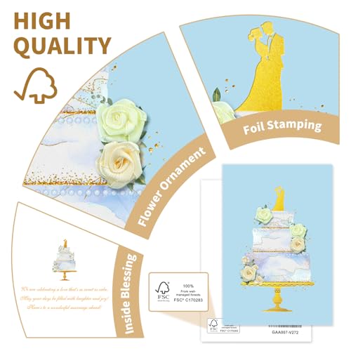 3D Rose Wedding Card for Bride and Groom with Envelope, Gold Foil 7.8"x5.4"