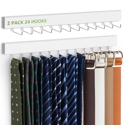 Wall-Mounted Wooden Tie Hanger with 24 Non-Slip Hooks - 2 Pack