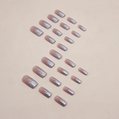 Square Press on Nails Ombre White Fake Nails with Bling Glitter Design