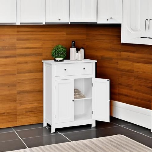 SONGMICS VASAGLE Free Standing Bathroom Cabinet with Drawer and Adjustable Shelf, Kitchen Cupboard, Wooden Entryway Storage Cabinet White, 23.6" L x 11.8" W x 31.5" H, UBBC61WT
