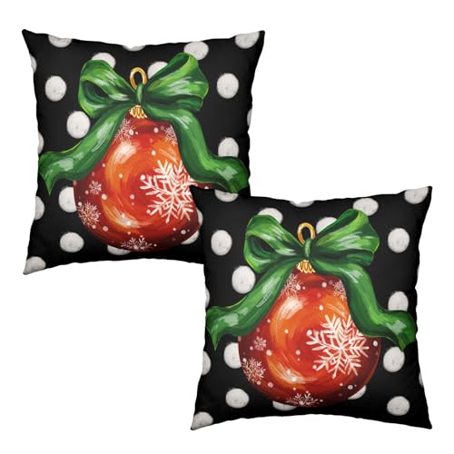 Christmas Pillow Covers Set of 2 - 18x18 Inch Red & Green Xmas Balls