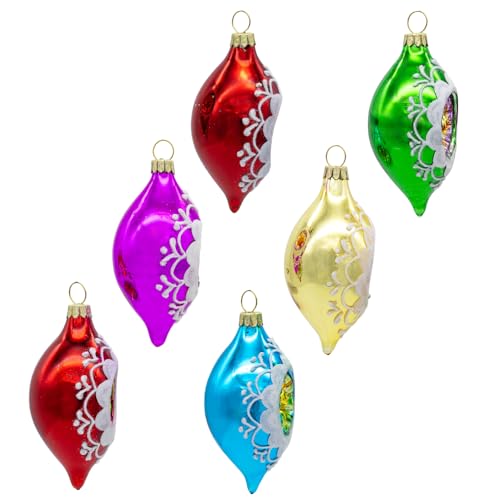 Set of 6 Multicolor Glass Holiday Ornaments with White Glitter - 88mm
