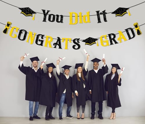 Congrats Grad Banner Set - Black & Gold Graduation Decorations