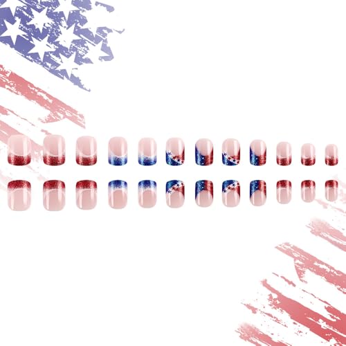 POWPOP Independence Day Short Square Press On Nails 24pcs Blue White Glitter False Acrylic Nails