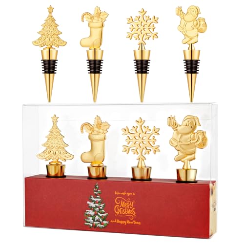 Golden Christmas Wine Stoppers Set - 4 Pack Holiday Bottle Corkers for Keeping Wine Fresh