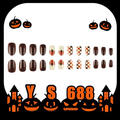 Vopintpy Halloween Pumpkin Press on Nails Medium Oval False Nails Set