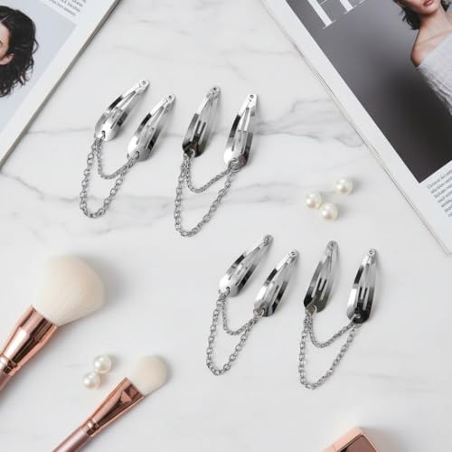Czhotg 4Pcs Silver Metal Snap Hair Clips with Chain Cross & Heart Pendants