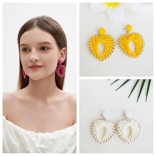 Heart Drop Raffia Earrings for Women - Handmade Dangle Jewelry