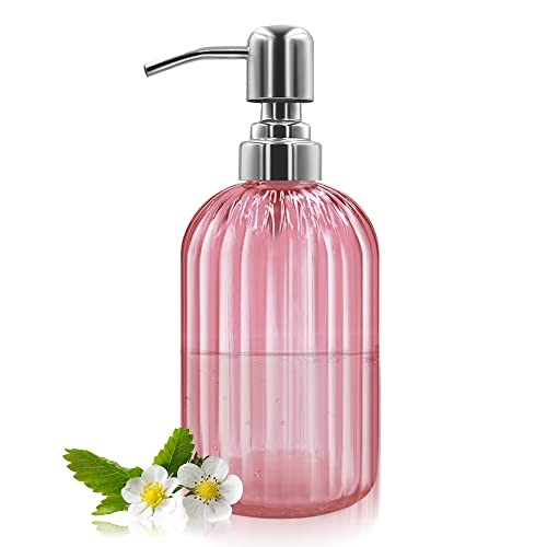Pink Glass Soap Dispenser with Stainless Steel Pump - 14 Oz