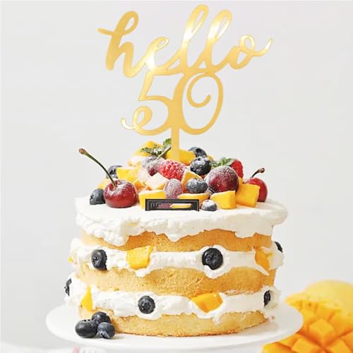 Gold Hello 50 Cake Topper - Elegant Acrylic Birthday Decoration
