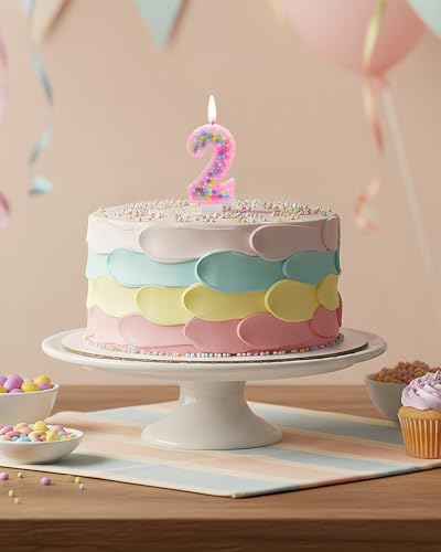 Number 2 Birthday Candle - Pink Macaron Glitter Cake Topper for 2nd Birthday