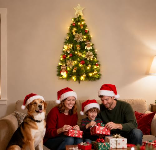 Dark Green 3FT Wall Christmas Tree Half Hanging with Lights & Ornaments - Pet Safe