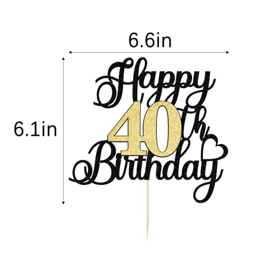 Auteby Black Gold Glitter 40th Birthday Cake Topper