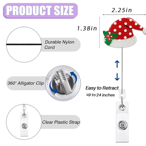 Santa Hat Badge Reel Holder - Retractable Christmas Badge Holder for Nurses & Medical Staff with Alligator Clip & 24-Inch Nylon Cord