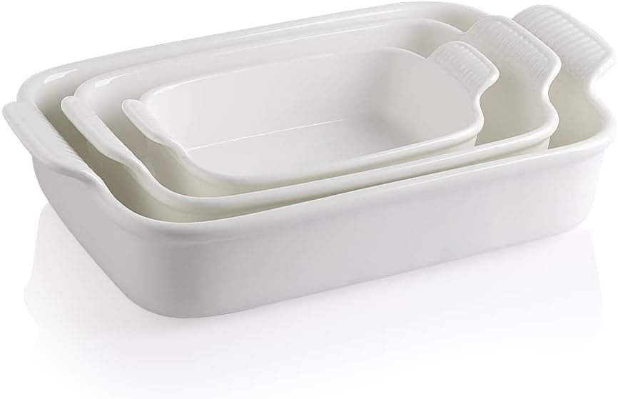 Sweejar Baking Pans Set - Durable Ceramic 9x13 Baking Dish with Handle | 3-Piece Casserole Bakeware Set in White