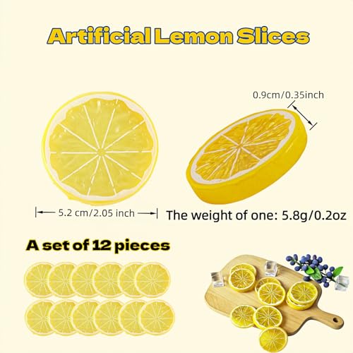 Set of 12 Realistic 2-Inch Artificial Lemon Slices for Decor