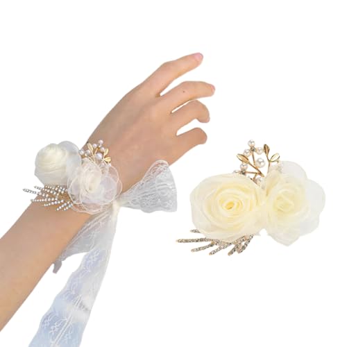 Beige Rose Wrist Corsage & Boutonniere Set for Weddings & Prom
