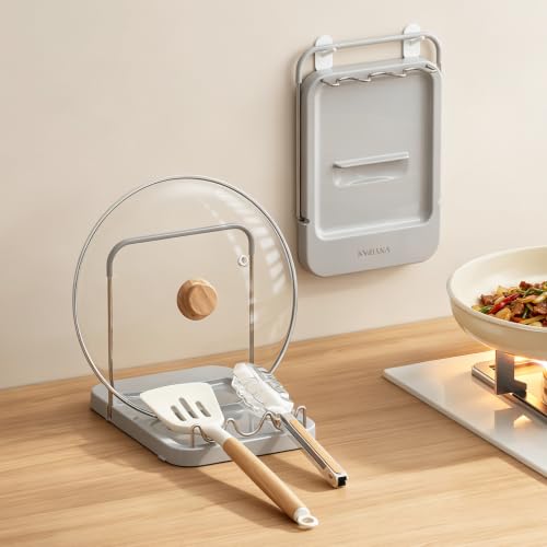Foldable Pot Lid Holder with Spoon Rest and Suction Cups - Grey