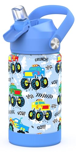 Monster Truck Insulated Water Bottle with Straw - 12 oz Kids Cup