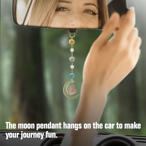 Boho Moon Car Charm with Crystals and Ceramic Pendant for Rearview Mirror, Women's Car Decor