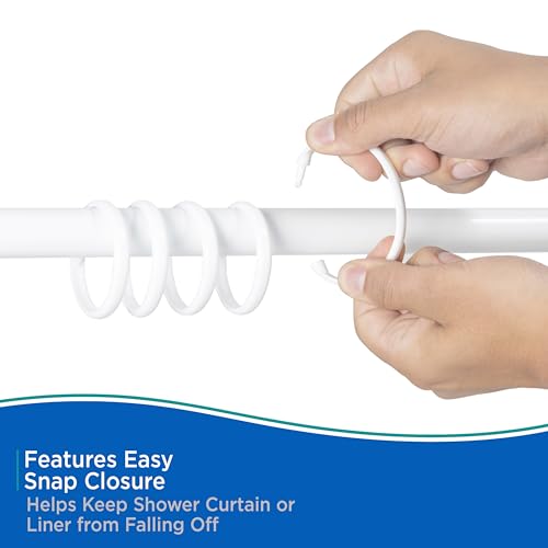 Kenney White Rust-Proof Plastic Shower Curtain Rings - Set of 12, Easy Snap Closure, Fits Standard Shower Rods, Bathroom Use