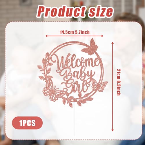 PEUTIER Welcome Baby Girl Cake Topper, Rose Gold Glitter, 8.27x5.71 Inch