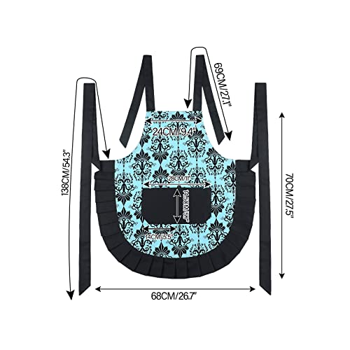 G2PLUS Vintage Cotton Apron for Women - Blue & Black Ruffle Kitchen & Baking Apron with Big Pocket - Adjustable Neck, Holiday Gift