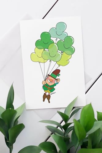 St. Patrick's Day Greeting Card - Cute Leprechaun with Shamrock Balloons 5x7