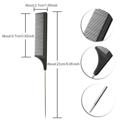 YANTAISIYU 3 Pcs Carbon Fiber Rat Tail Combs with Stainless Steel Pins