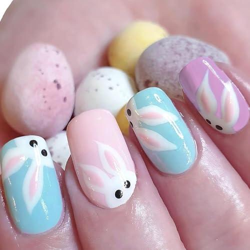 Easter Press on Nails Short Square False Nails with Rabbit Designs
