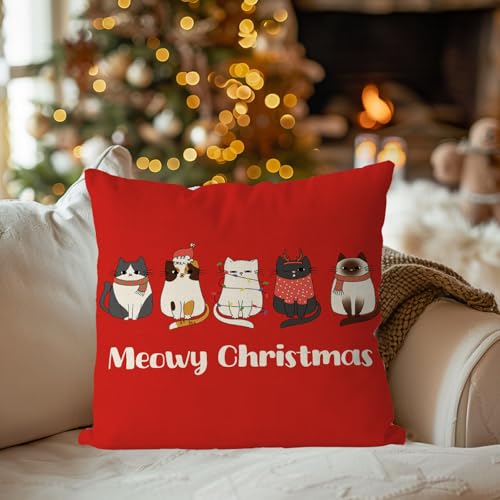 Christmas Cat Throw Pillow Cover, Red 18x18 Inch Decorative Xmas Cushion Case