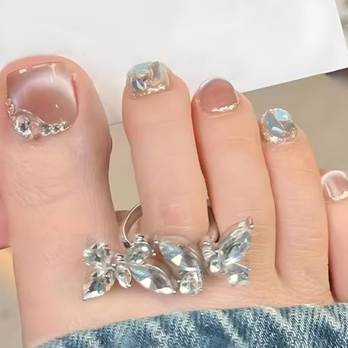 Glitter Press On Toe Nails Short Square Fake Toenails with Rhinestones