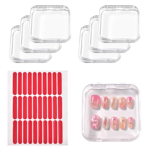 KADS 6-Pack Clear Nail Storage Boxes with Pre-Cut Adhesive Tapes, Portable Organizer for Press-On & Gel Nails