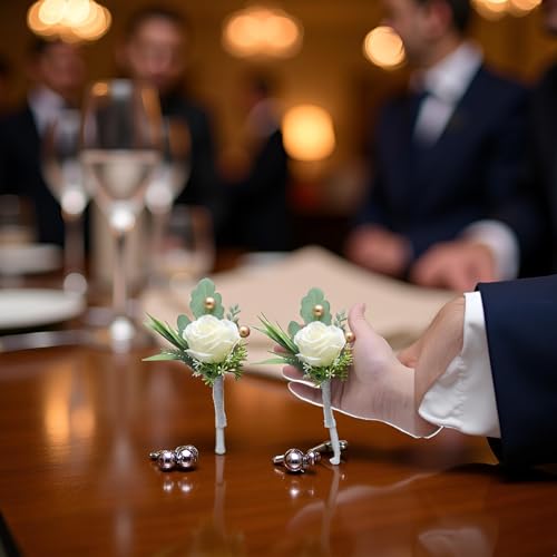 White Rose Boutonnieres for Men Wedding Groom 2-Pack Artificial Flowers