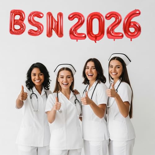 BSN 2026 Nurse Graduation Decorations - Red Foil Balloons & Banner