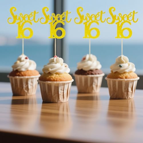 12 PCS Sweet 16 Glitter Cupcake Toppers – Yellow Cake Decorations