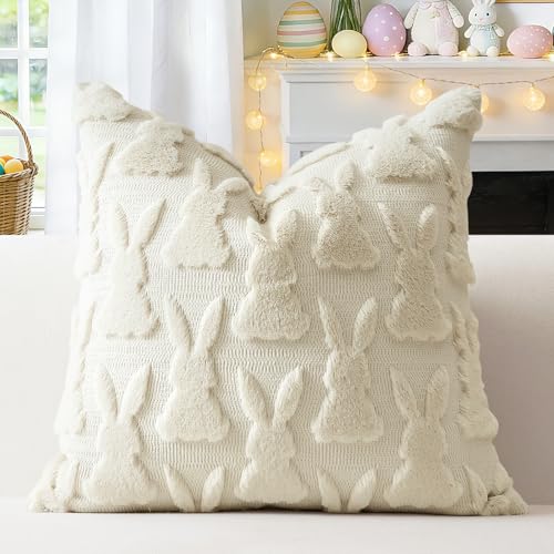 OTOSTAR Cream Beige Bunny Easter Throw Pillow Cover 20x20 Plush Faux Fur