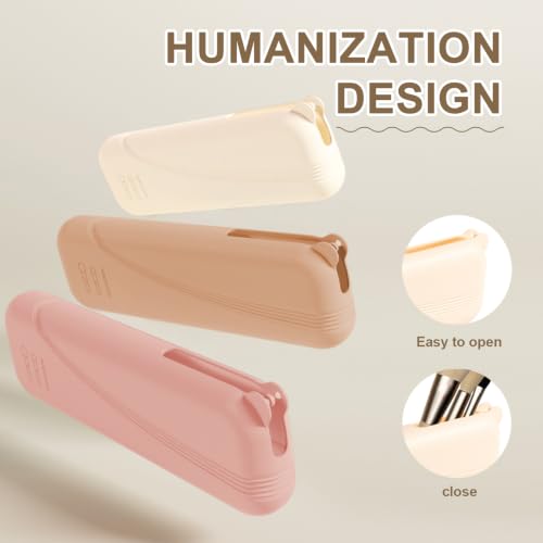 Silicone Makeup Brush Holder Travel Case - Beige Semi-Open Snap Design