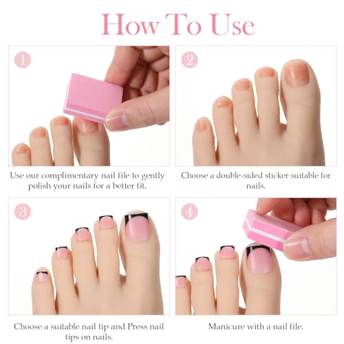 Black French Tip Press On Nails Medium Square Fake Nails Kit 60 Pcs