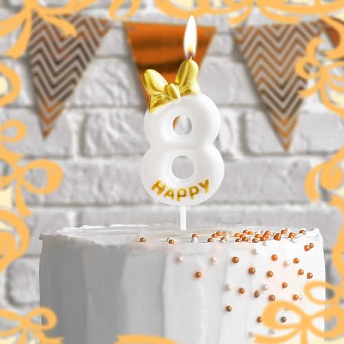 Elegant Pearl White & Gold 8th Birthday Candle Cake Topper