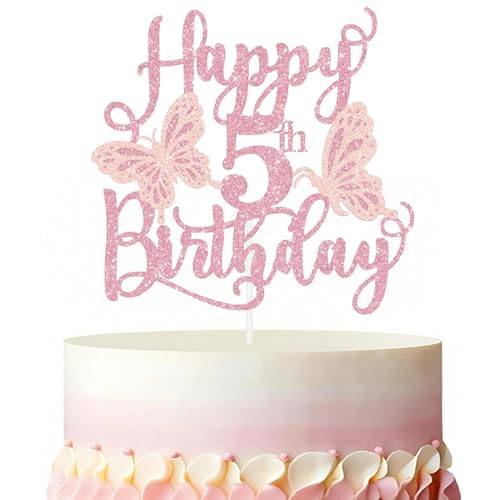 Glitter Pink Butterfly 5th Birthday Cake Topper Decoration