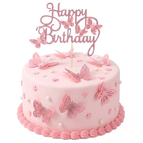 3D Pink Butterfly Cake Toppers Set with Happy Birthday Sign, 26Pcs