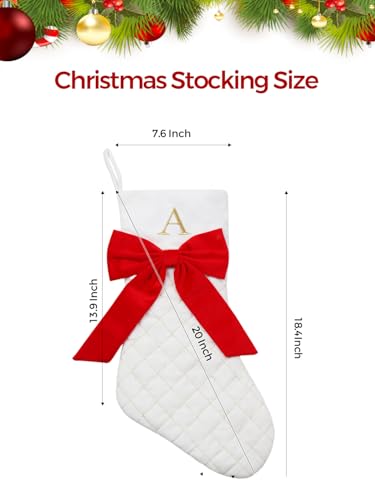 Personalized Christmas Stocking with Initials, 20 Inch Large Xmas Stocking with Gold Embroidery and Red Bow - S Variation