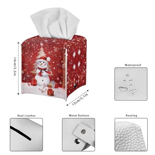 Doginthehole Xmas Snowman Tissue Box Cover - Cute Christmas Home Decor, Square PU Leather Dispenser with Belt Bottom